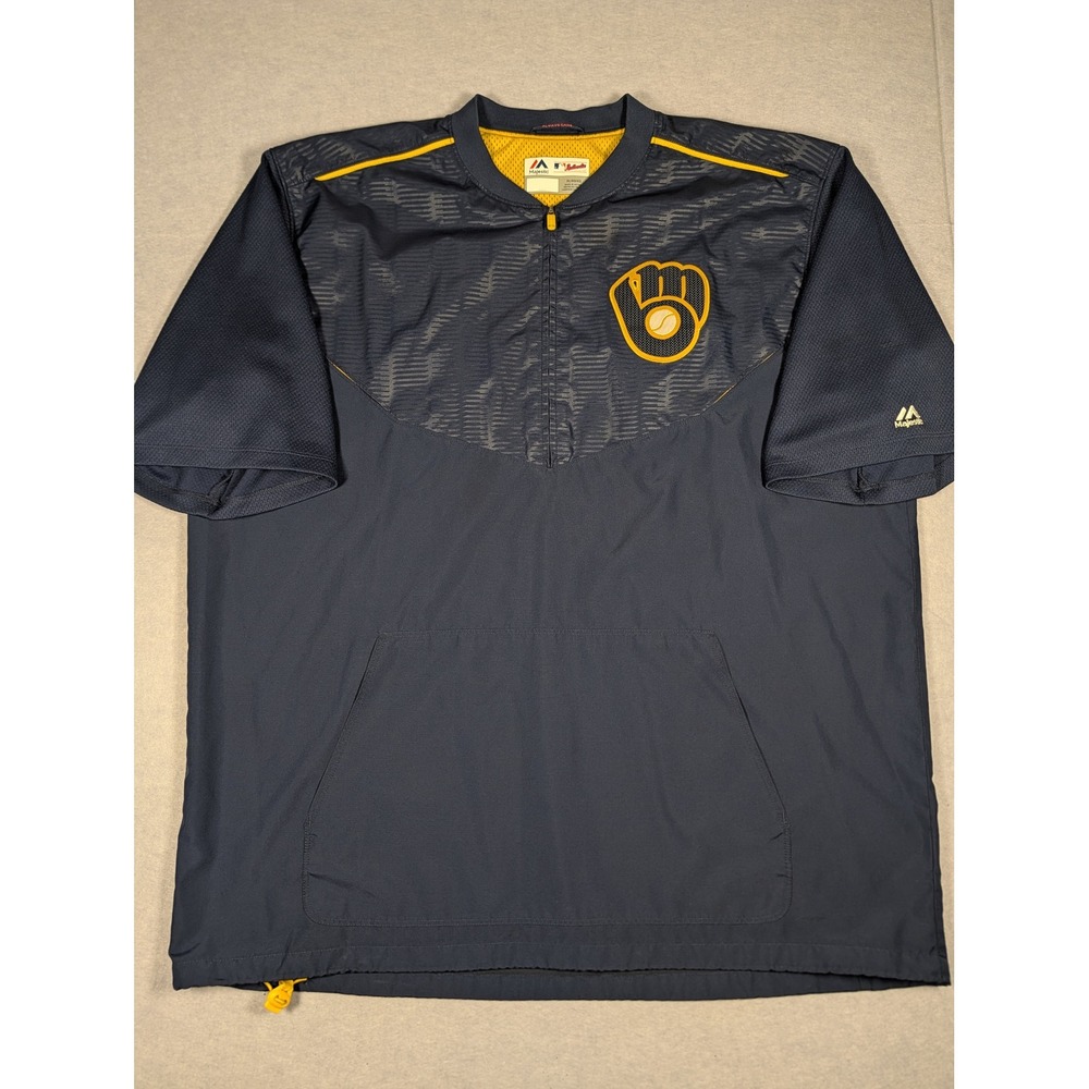 Majestic Batting Practice Jersey Men XL Navy Milwaukee Brewers Pullover Exc
